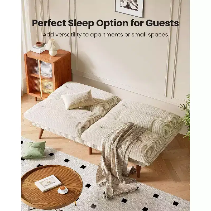 Canapé-lit 168 cm en velours côtelé, avec dossier et accoudoirs réglables, idéal pour les petits espaces, les salons ou les bureaux comme futon.