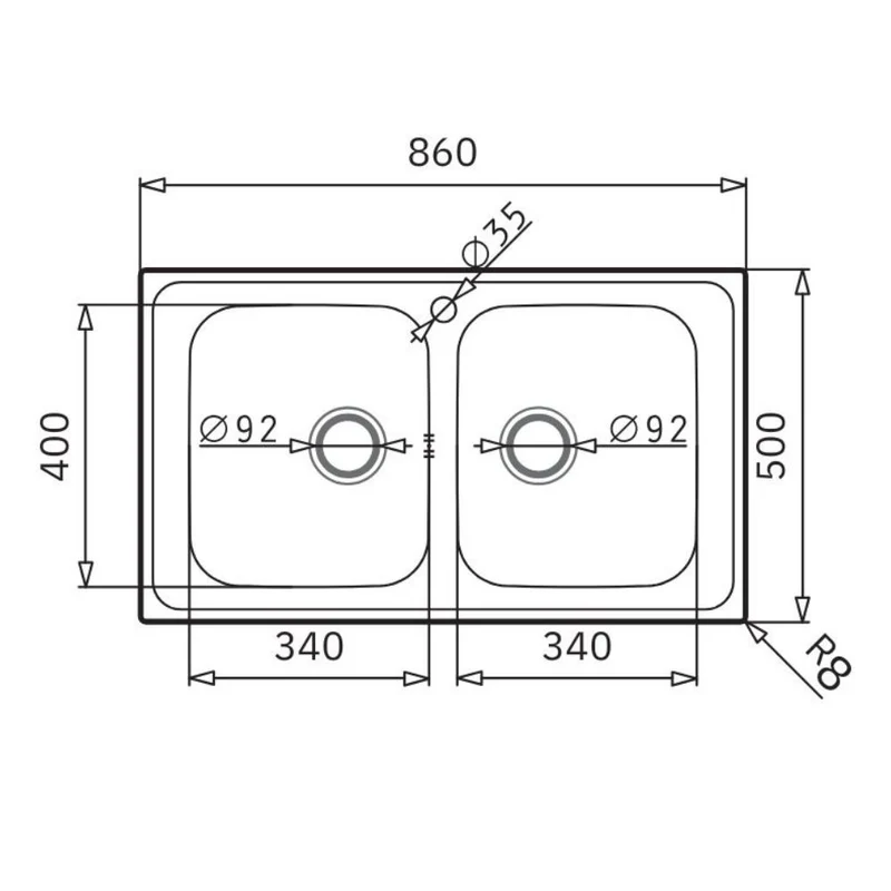 Lavello da incasso in acciaio inox con doppia vasca 86x50 Tirreno862