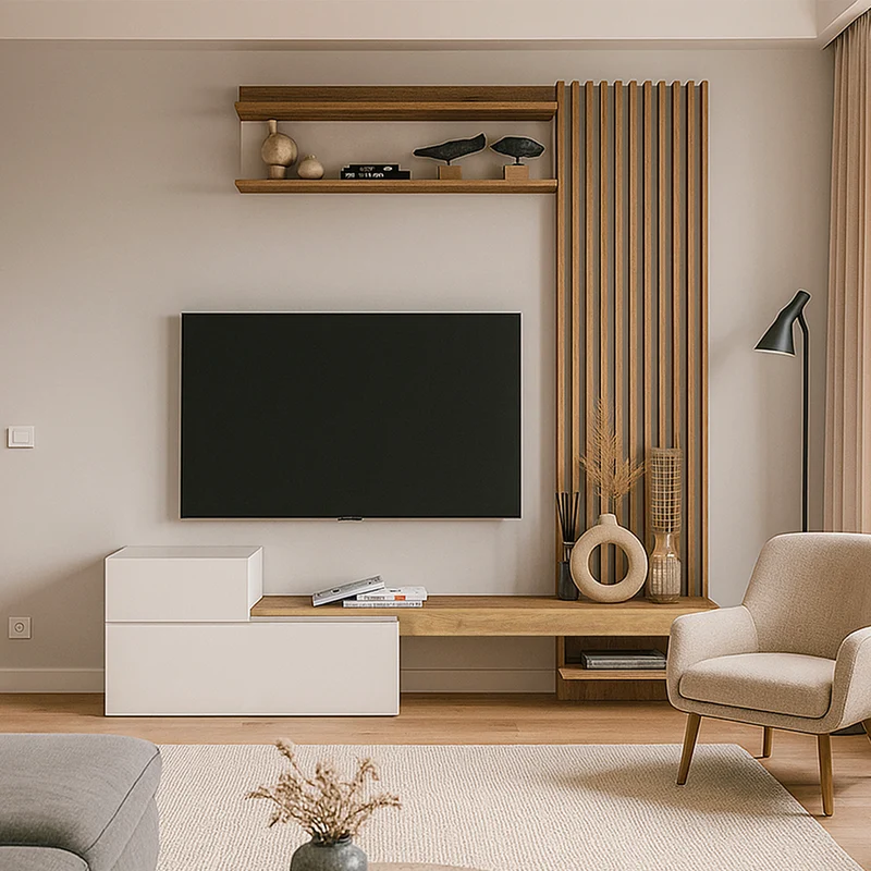 Parete attrezzata con ante a ribalta e mensole colore bianco e rovere Dumont