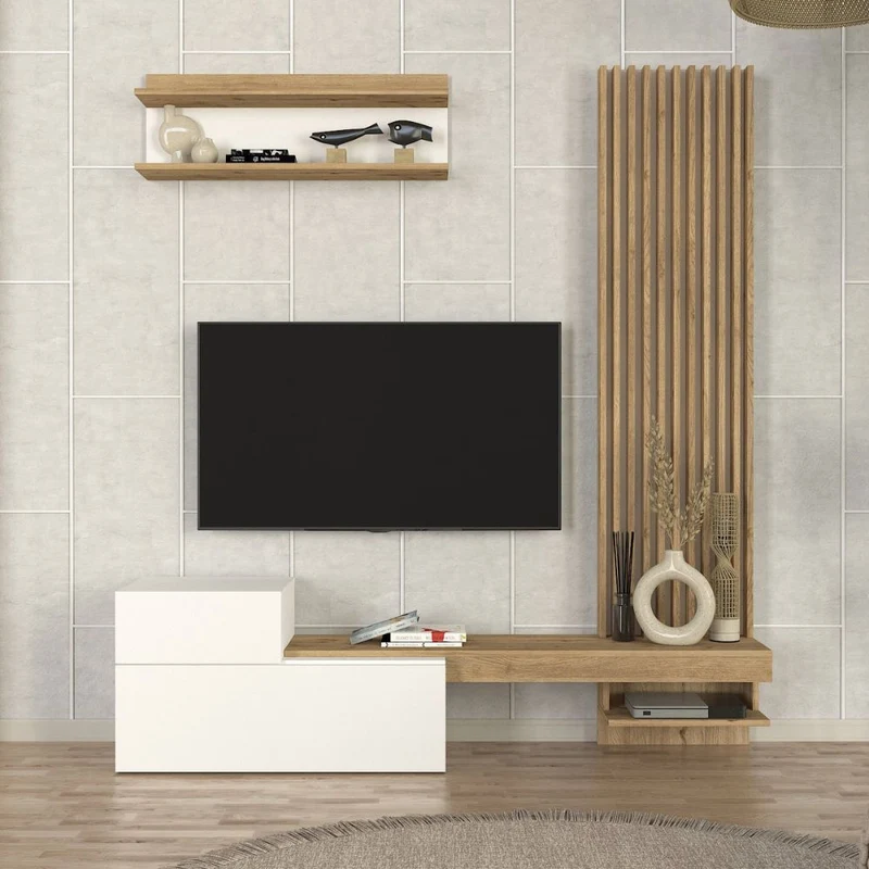 Parete attrezzata con ante a ribalta e mensole colore bianco e rovere Dumont