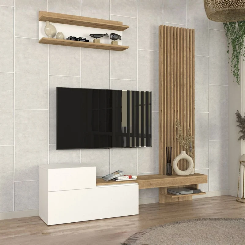 Parete attrezzata con ante a ribalta e mensole colore bianco e rovere Dumont