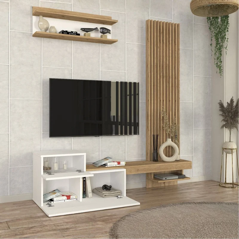 Parete attrezzata con ante a ribalta e mensole colore bianco e rovere Dumont