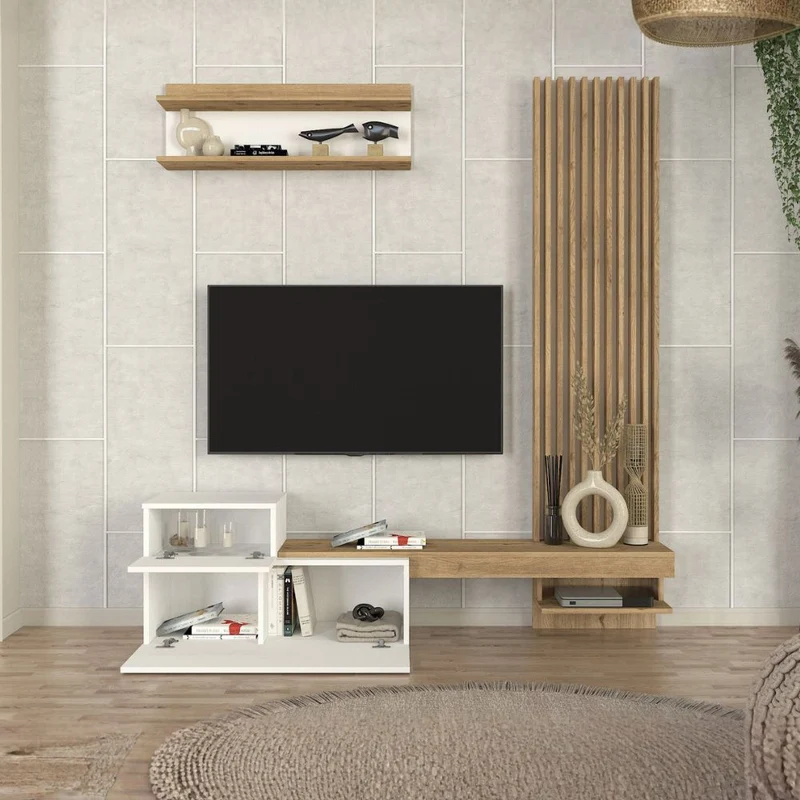 Parete attrezzata con ante a ribalta e mensole colore bianco e rovere Dumont
