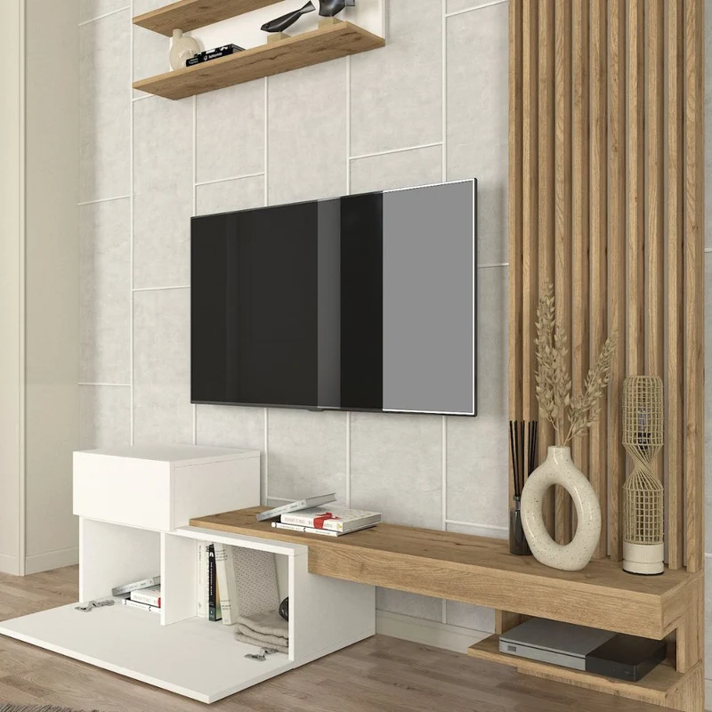 Parete attrezzata con ante a ribalta e mensole colore bianco e rovere Dumont