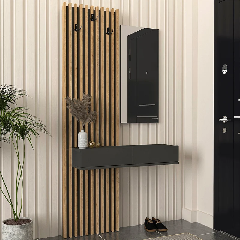 Mobile ingresso con specchio e appendiabiti colore rovere e antracite Elois