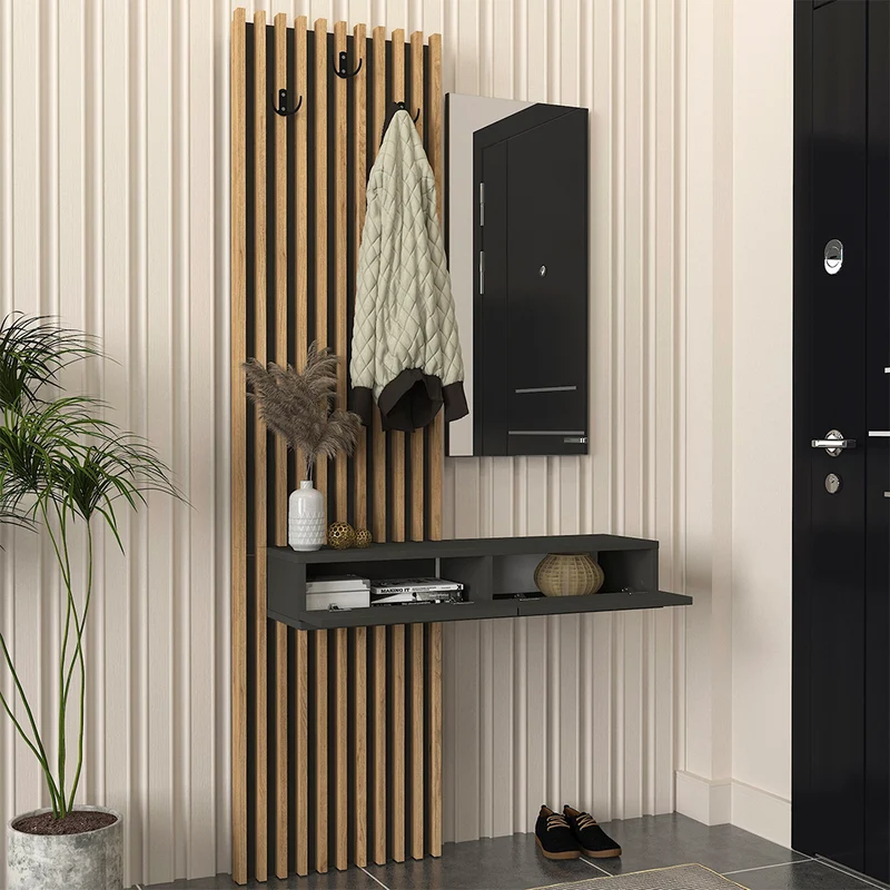 Mobile ingresso con specchio e appendiabiti colore rovere e antracite Elois