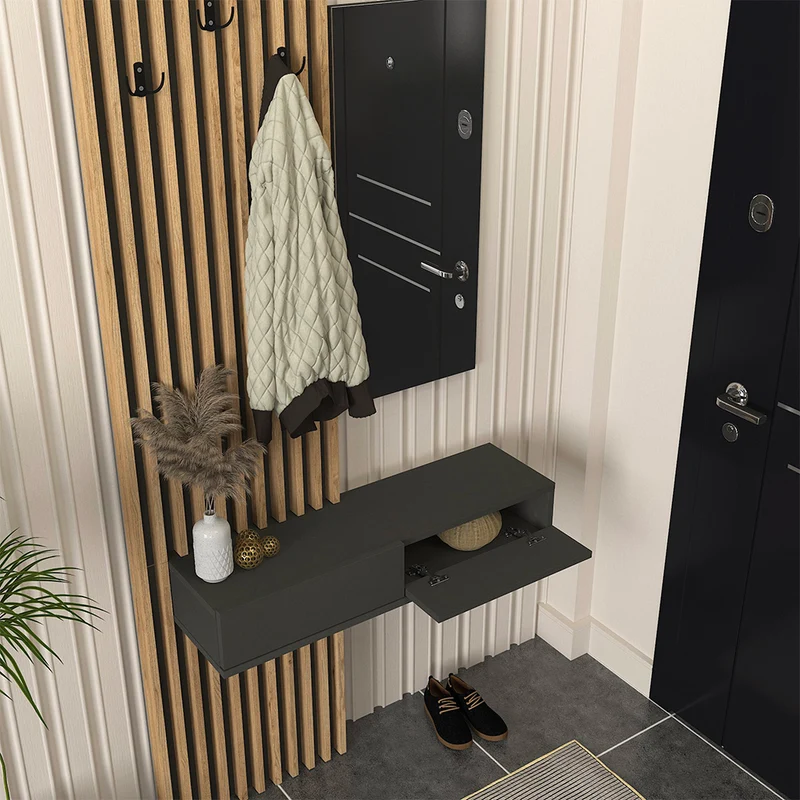 Mobile ingresso con specchio e appendiabiti colore rovere e antracite Elois