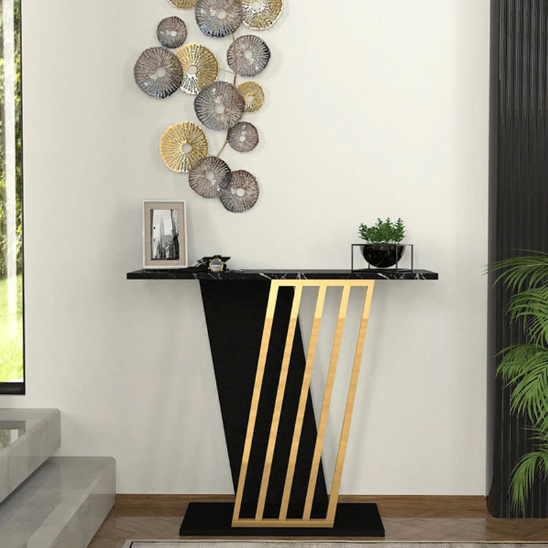 Consolle ingresso effetto marmo nero con struttura nera e dettagli oro Gravity