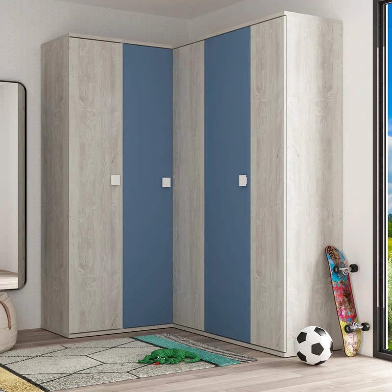 Armadio angolare 5 ante con ripiani e appendiabiti 233 cm colore bianco consumato e celeste
