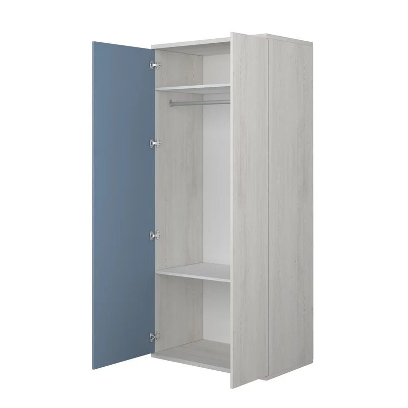 Armadio angolare 5 ante con ripiani e appendiabiti 233 cm colore bianco consumato e celeste