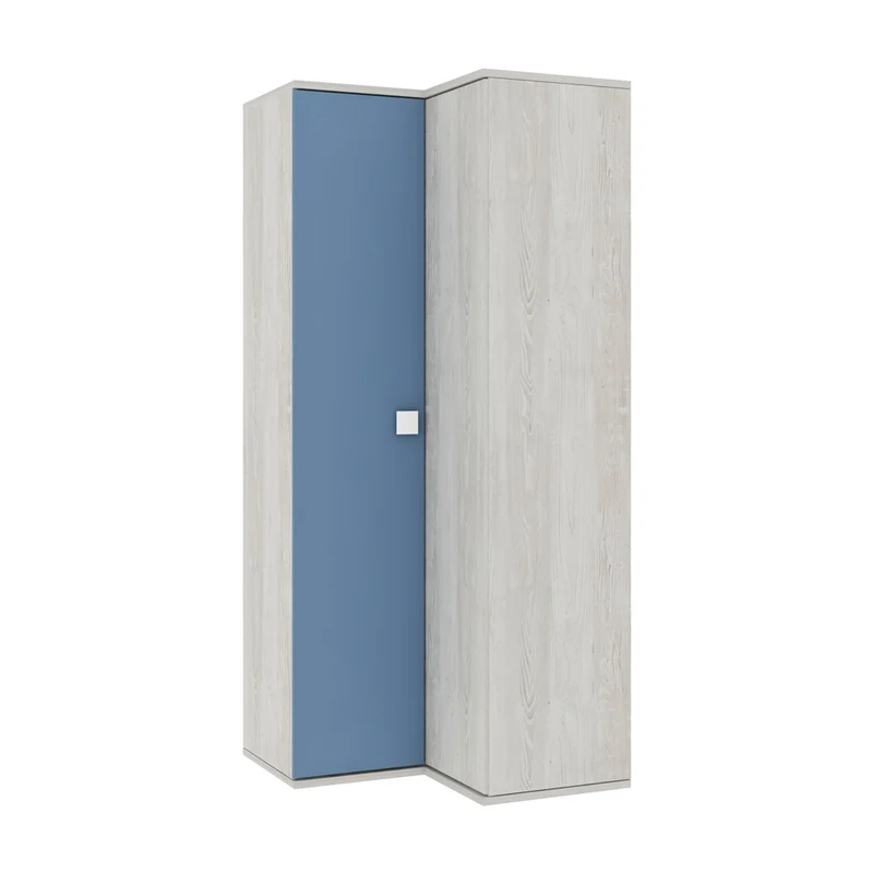 Armadio angolare 5 ante con ripiani e appendiabiti 233 cm colore bianco consumato e celeste