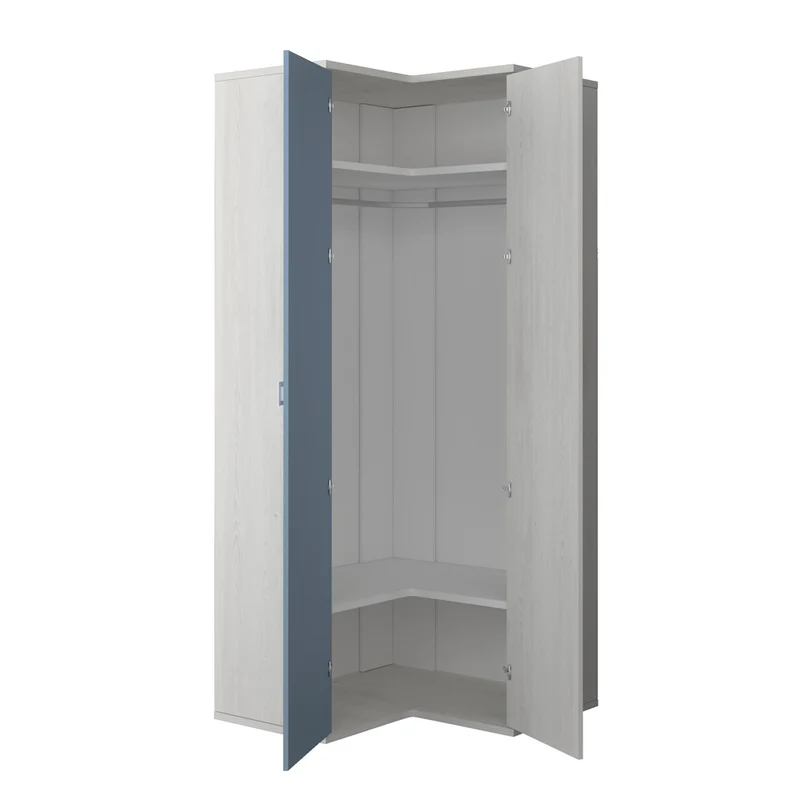 Armadio angolare 5 ante con ripiani e appendiabiti 233 cm colore bianco consumato e celeste