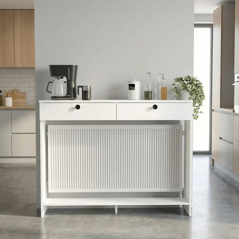 Consolle copri termosifone 130 cm bianca con ante a ribalta Opeleya
