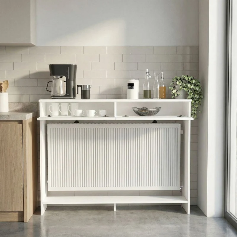 Consolle copri termosifone 130 cm bianca con ante a ribalta Opeleya