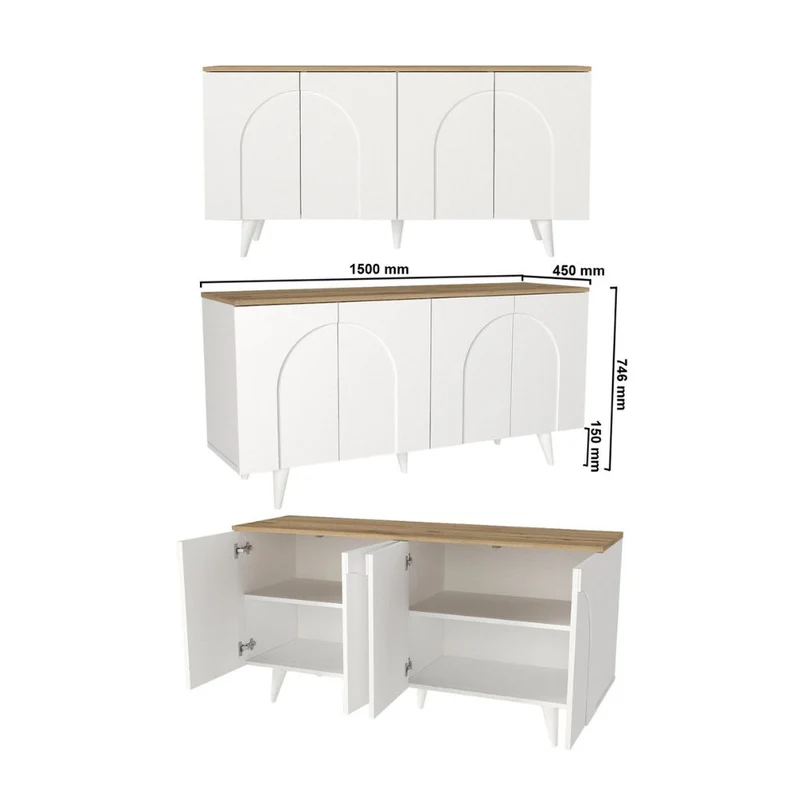 Madia 4 ante ad arco bianco e piano rovere 150 cm Bono