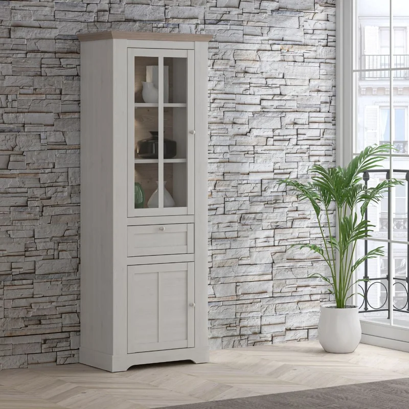 Vetrina 2 ante in vetro, 1 cassetto e luci LED rovere bianco neve e olmo scuro Forma