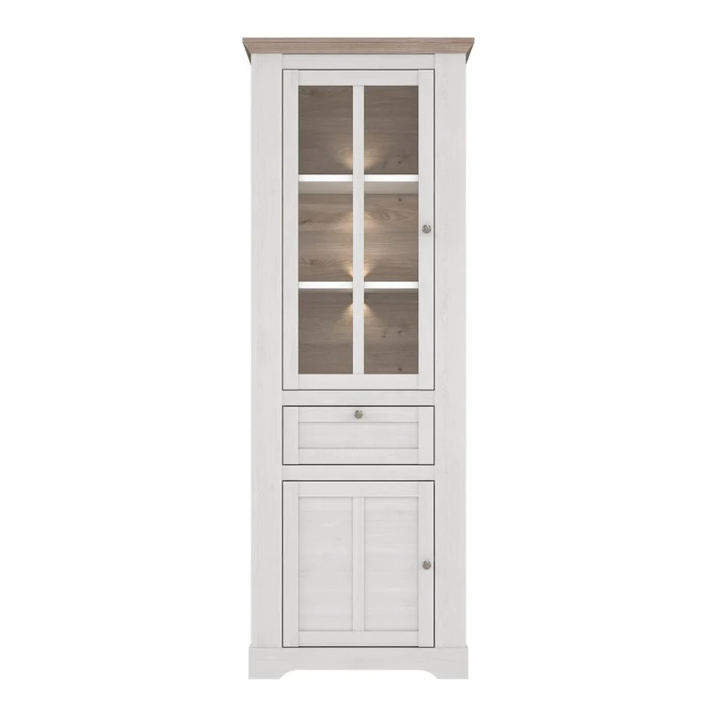 Vetrina 2 ante in vetro, 1 cassetto e luci LED rovere bianco neve e olmo scuro Forma