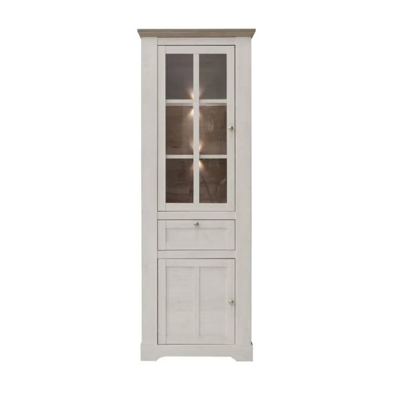 Vetrina 2 ante in vetro, 1 cassetto e luci LED rovere bianco neve e olmo scuro Forma