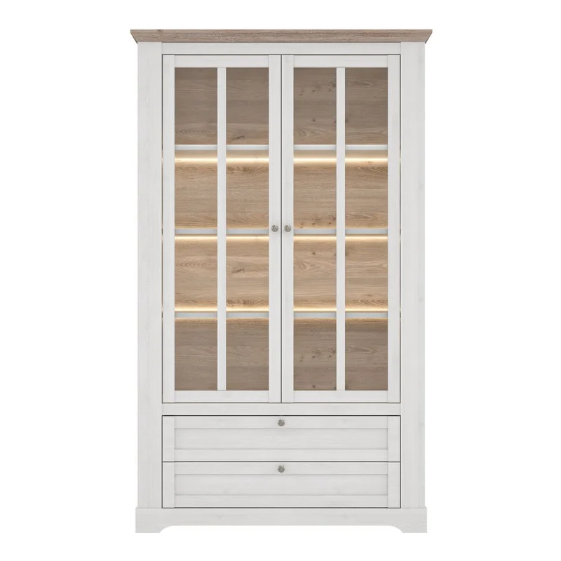 Vetrina 2 ante in vetro, 2 cassetti e luci LED rovere bianco neve e olmo scuro Forma