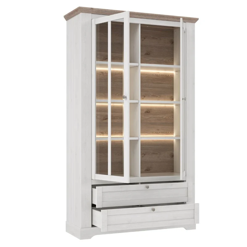 Vetrina 2 ante in vetro, 2 cassetti e luci LED rovere bianco neve e olmo scuro Forma