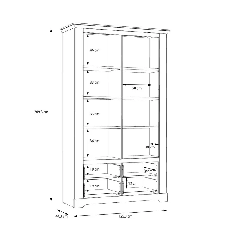Vetrina 2 ante in vetro, 2 cassetti e luci LED rovere bianco neve e olmo scuro Forma