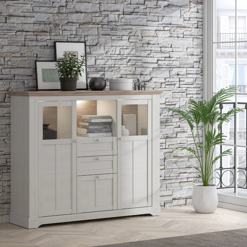 Credenza 3 ante in vetro temperato e luci LED rovere bianco neve e olmo scuro Forma