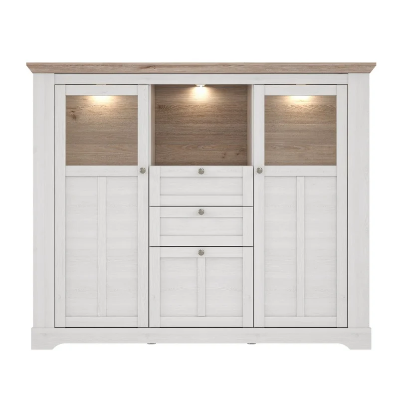 Credenza 3 ante in vetro temperato e luci LED rovere bianco neve e olmo scuro Forma