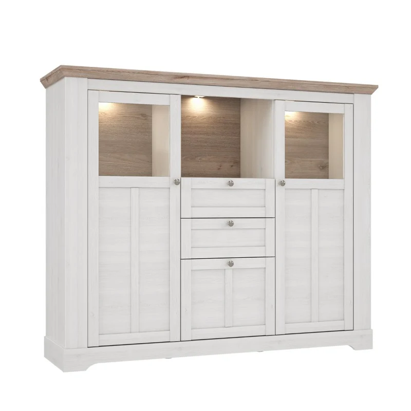 Credenza 3 ante in vetro temperato e luci LED rovere bianco neve e olmo scuro Forma