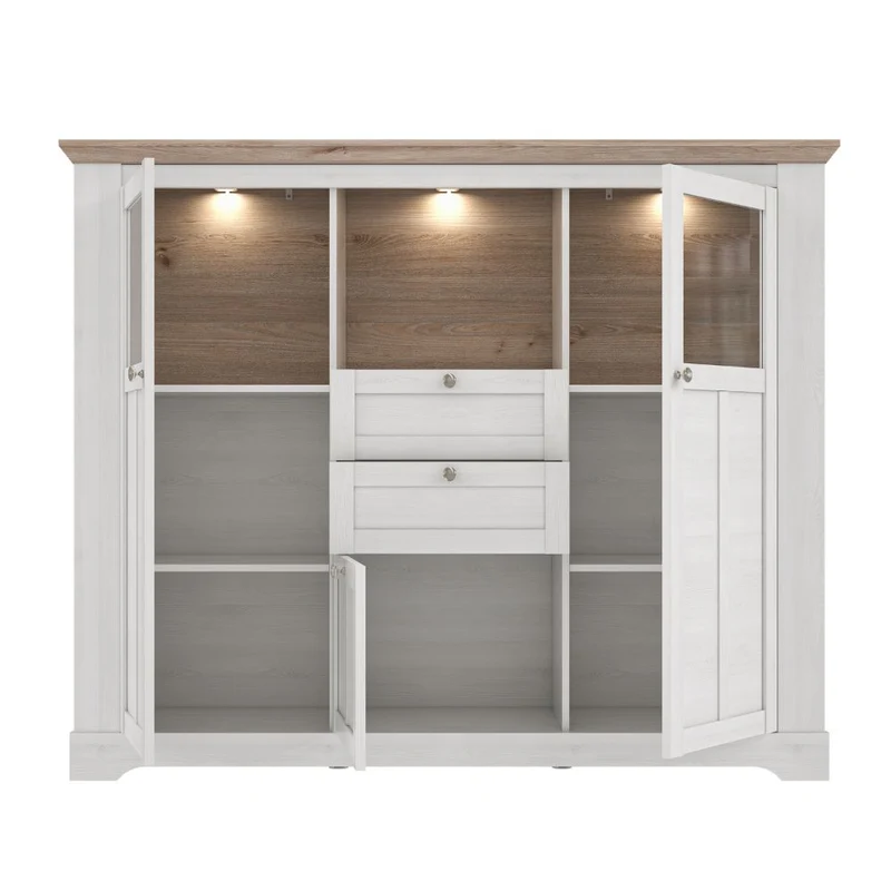 Credenza 3 ante in vetro temperato e luci LED rovere bianco neve e olmo scuro Forma
