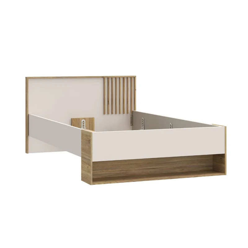 Letto una piazza e mezza 120x200 con cassetto e vani a giorno rovere e cashmere Neutra