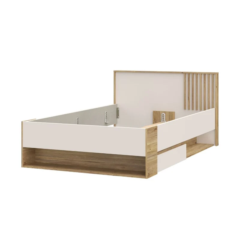 Letto una piazza e mezza 120x200 con cassetto e vani a giorno rovere e cashmere Neutra