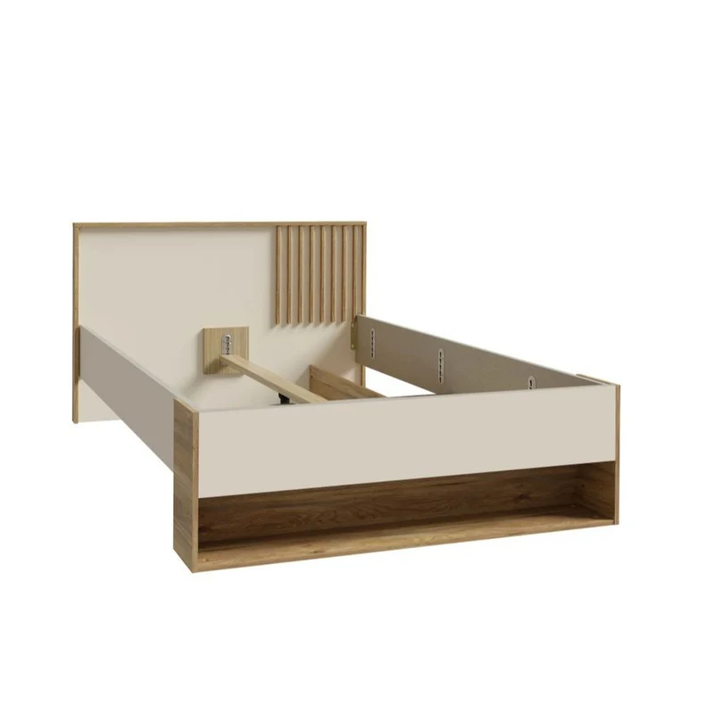 Letto una piazza e mezza 120x200 con cassetto e vani a giorno rovere e cashmere Neutra
