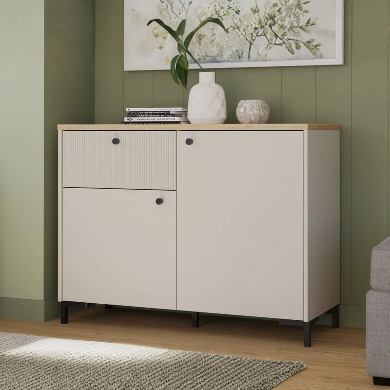 Madia 2 ante, 1 cassetto cannettato e top rovere Unit