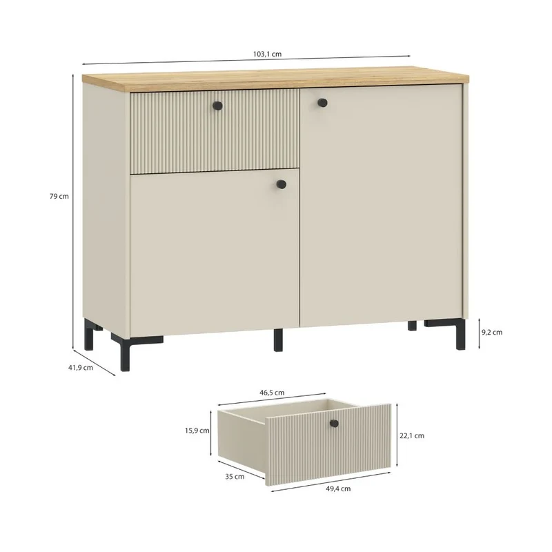 Madia 2 ante, 1 cassetto cannettato e top rovere Unit