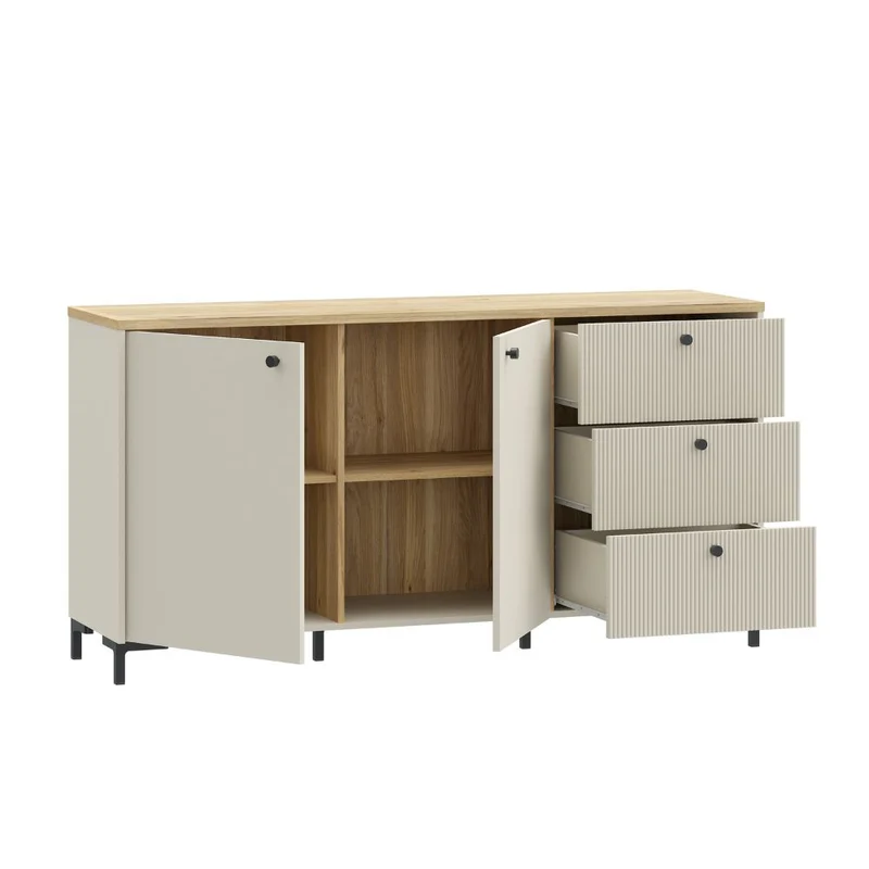Madia 2 ante, 3 cassetti cannettati e top rovere Unit