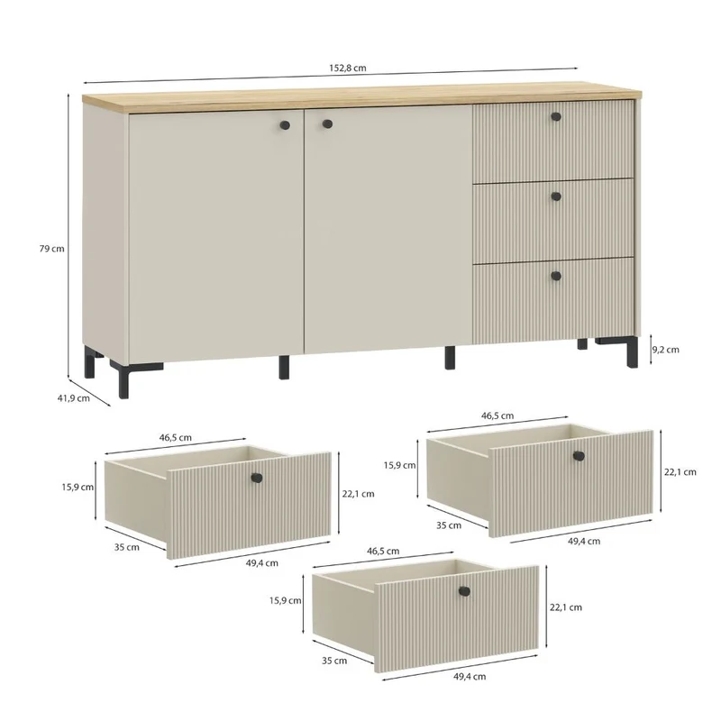 Madia 2 ante, 3 cassetti cannettati e top rovere Unit