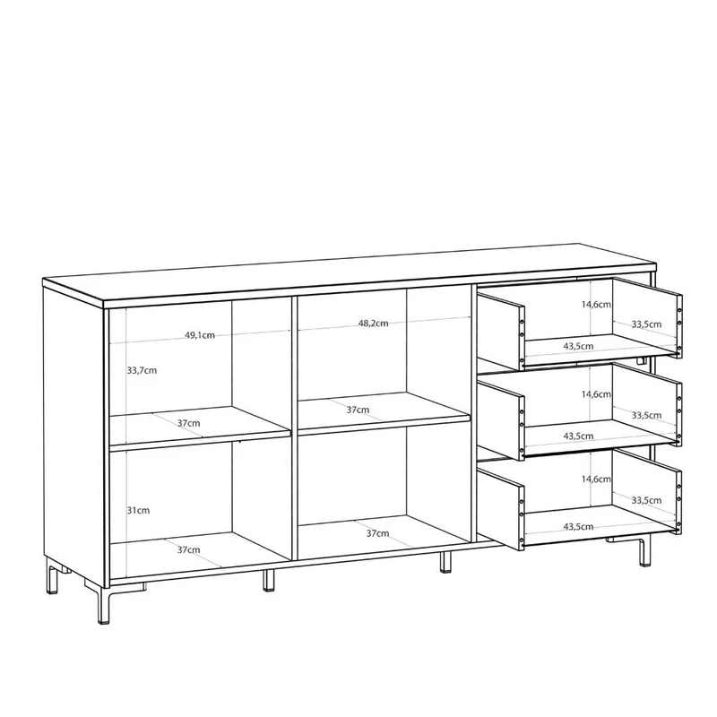 Madia 2 ante, 3 cassetti cannettati e top rovere Unit