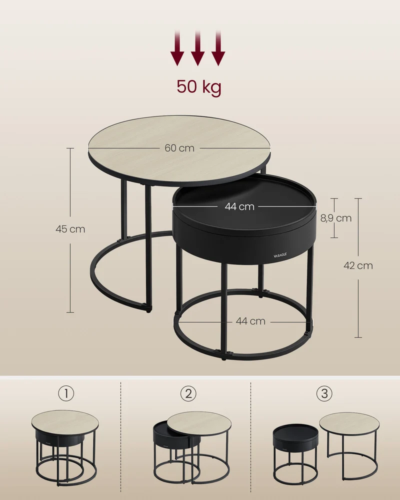 Lot de 2 tables basses gigognes modernes style épuré pour salon chambre balcon 60 x 60 x 45 cm en MDF noir d'encre 12_0011886