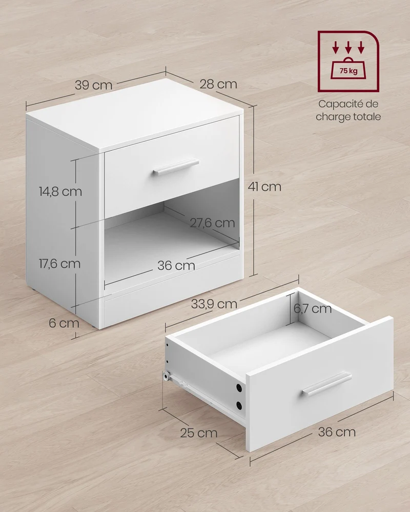 Table de nuit design épuré avec tiroir compartiment ouvert 28 x 39 x 41 cm en panneau d'aggloméré blanc 12_0010992