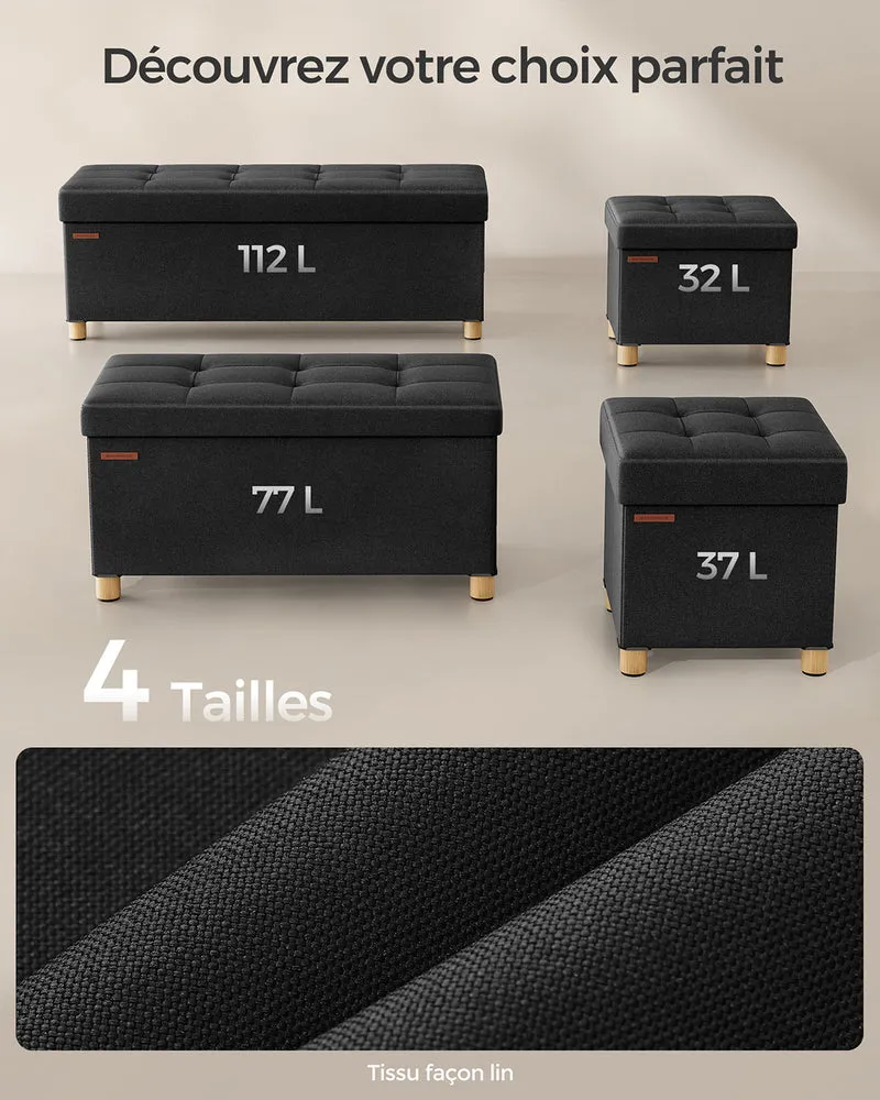 Lot de 1 pouf coffre de rangement pliable 38 x 76 x 40 cm assise confortable style contemporain en MDF noir 12_0010538
