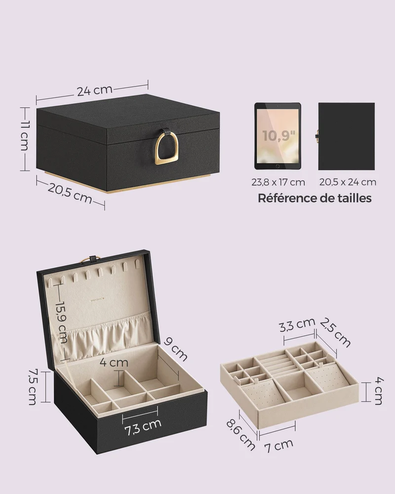 Boîte à bijoux rectangulaire moderne 20,5 x 24 x 11 cm avec rangement flexible et effet flottant en plastique noir 12_0010232