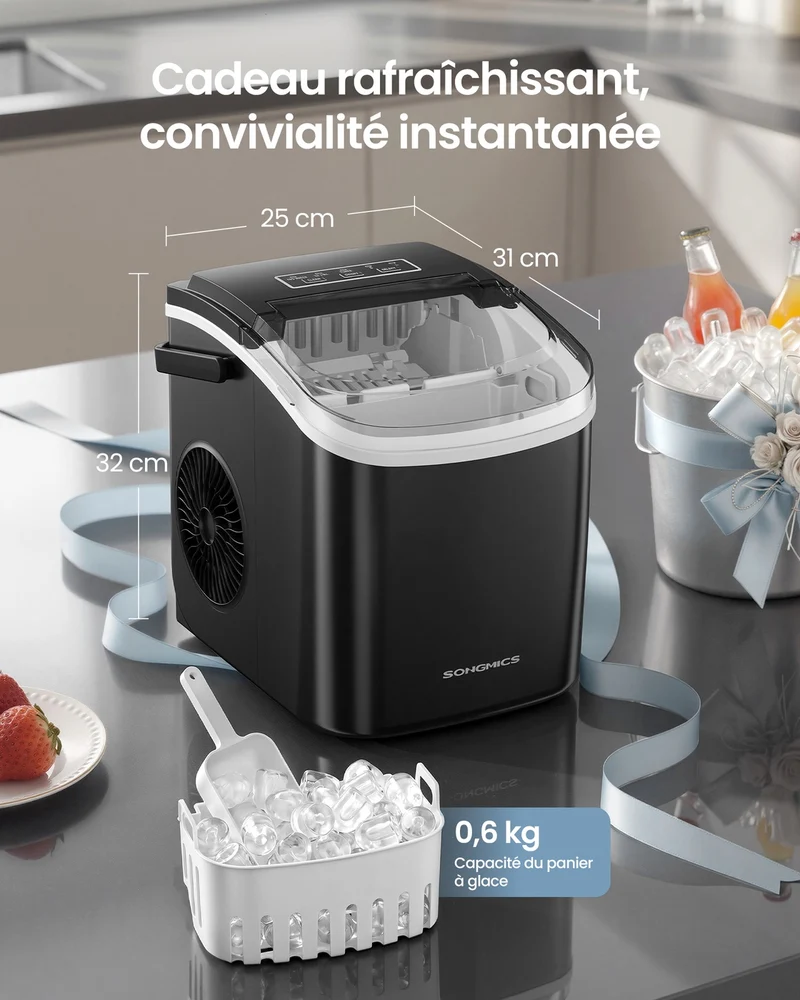 Machine à glaçons portable cuisine 31 x 25 x 32 cm fonction auto-nettoyage 9 glaçons en 6 minutes en plastique noir 12_0013141