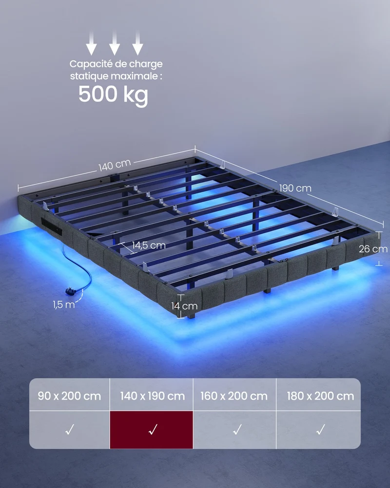 Lit flottant moderne avec éclairage LED 190 x 140 x 26 cm confort optimal ambiance cosy en mousse gris ardoise 12_0012944