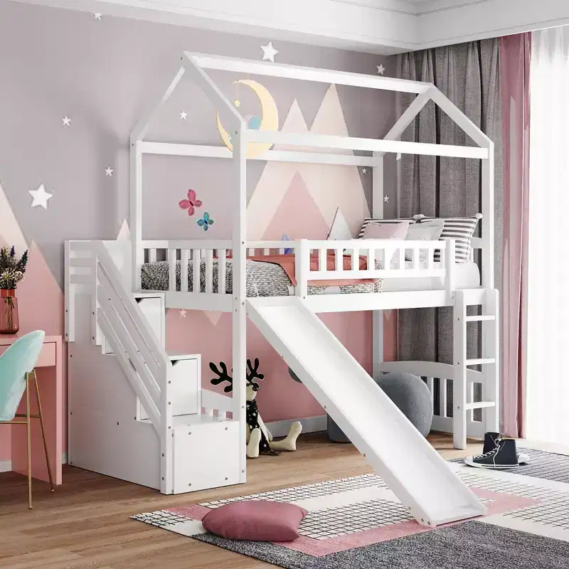 Lit mezzanine jumeau avec toboggan et escalier, lit mezzanine avec tiroirs de rangement, lit mezzanine cabane en bois pour enfants et tout-petits