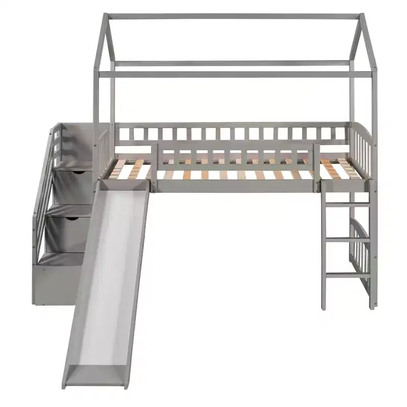 Lit mezzanine jumeau avec toboggan et escalier, lit mezzanine avec tiroirs de rangement, lit mezzanine cabane en bois pour enfants et tout-petits