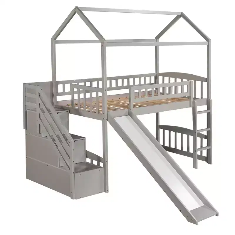 Lit mezzanine jumeau avec toboggan et escalier, lit mezzanine avec tiroirs de rangement, lit mezzanine cabane en bois pour enfants et tout-petits