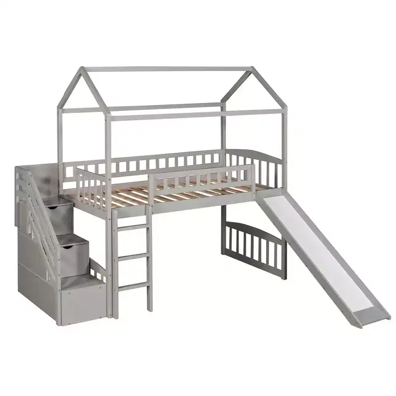 Lit mezzanine jumeau avec toboggan et escalier, lit mezzanine avec tiroirs de rangement, lit mezzanine cabane en bois pour enfants et tout-petits