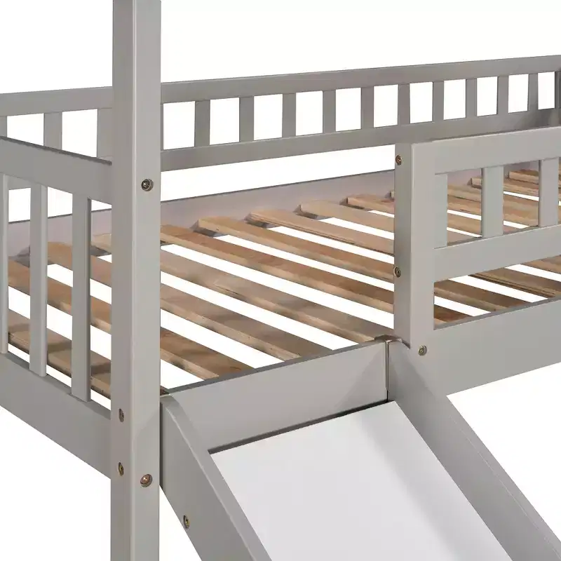 Lit mezzanine jumeau avec toboggan et escalier, lit mezzanine avec tiroirs de rangement, lit mezzanine cabane en bois pour enfants et tout-petits