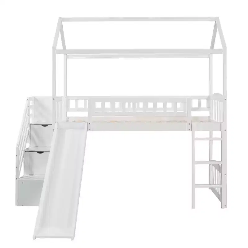 Lit mezzanine jumeau avec toboggan et escalier, lit mezzanine avec tiroirs de rangement, lit mezzanine cabane en bois pour enfants et tout-petits