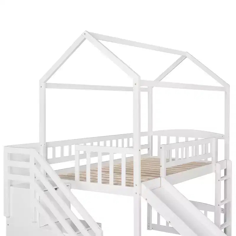 Lit mezzanine jumeau avec toboggan et escalier, lit mezzanine avec tiroirs de rangement, lit mezzanine cabane en bois pour enfants et tout-petits